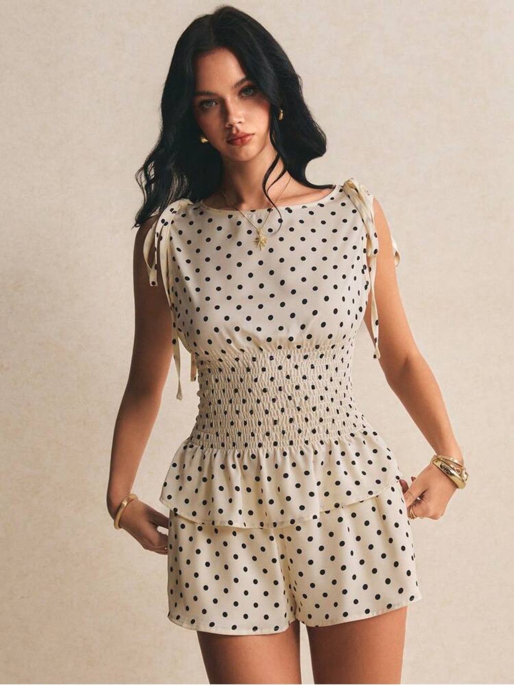 SHEIN Polka Dot Smocked Top Tank Blouse Shoulder Ties